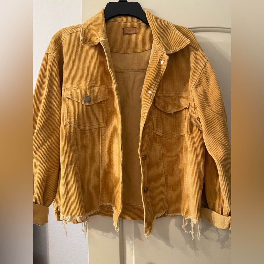 Large corduroy jacket, raw hem mustard colored